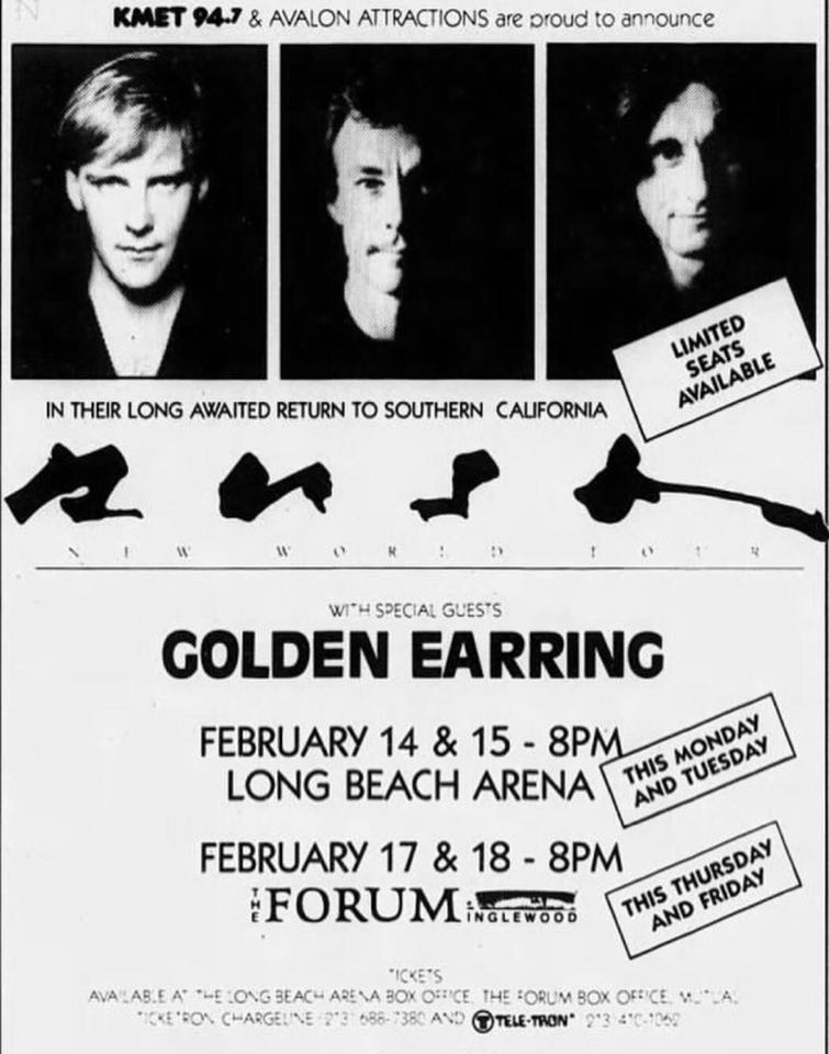 Rush with Golden Earring show ad Long Beach - Long Beach Arena February 14-15 and Los Angeles - Great Western Forum February 17-18